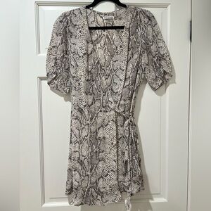 Reformation Gray and White Puff Sleeve Wrap Midi Dress